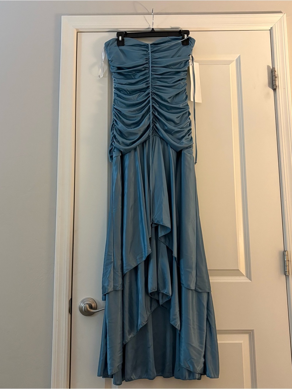 NWT Strapless Ruched Blue Cascade Evening Dress - Picture 2 of 12